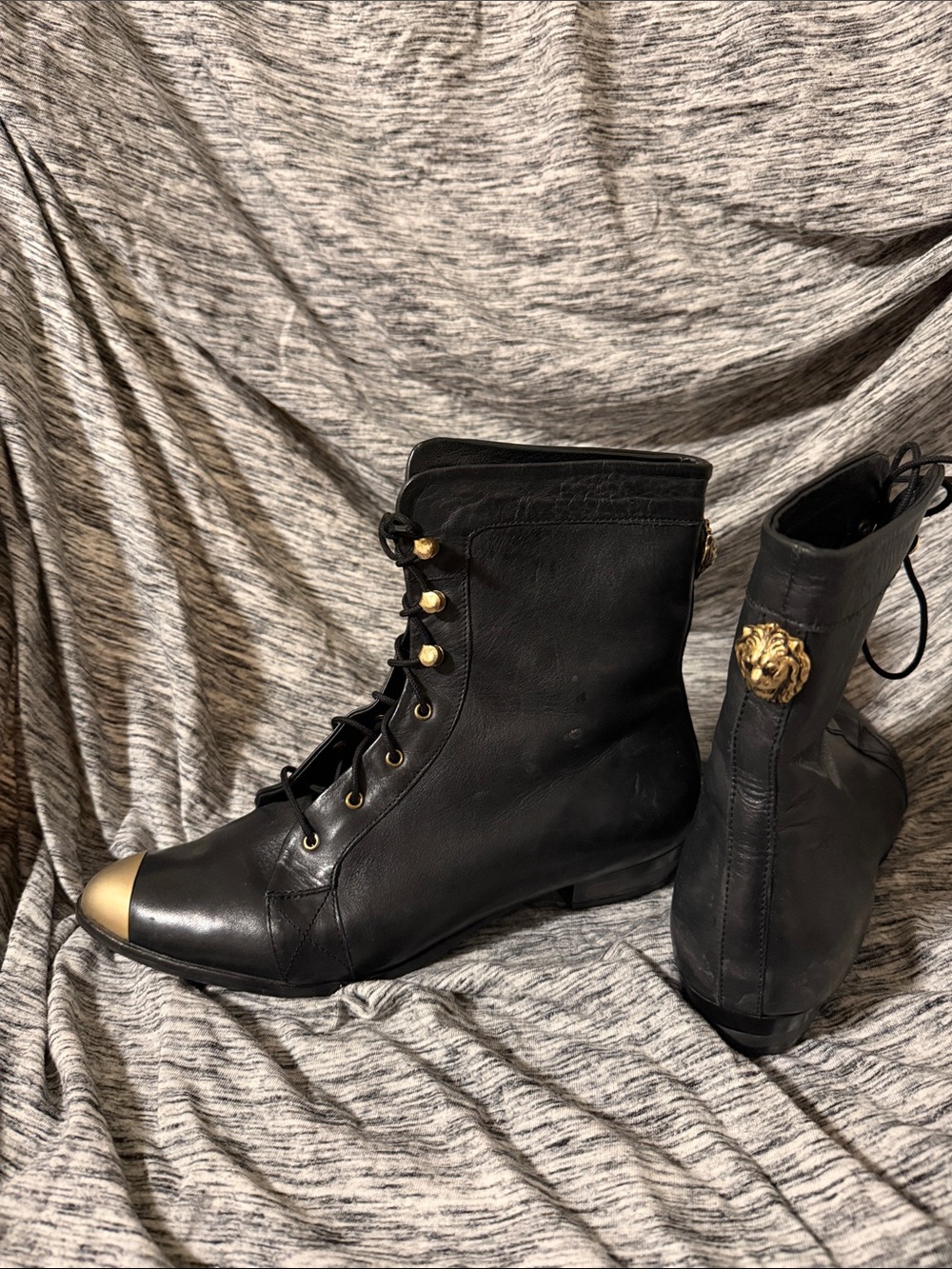 Miista Black Leather Lace-Up Ankle Boots with Gold Toe Cap and Gold Back Accent - Picture 4 of 11